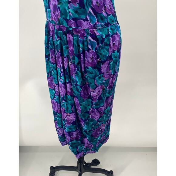 Vintage 80s Maggy London Silk Dress Ruched Sleeves Floral Printed Blue Womens 6 - Picture 6 of 10